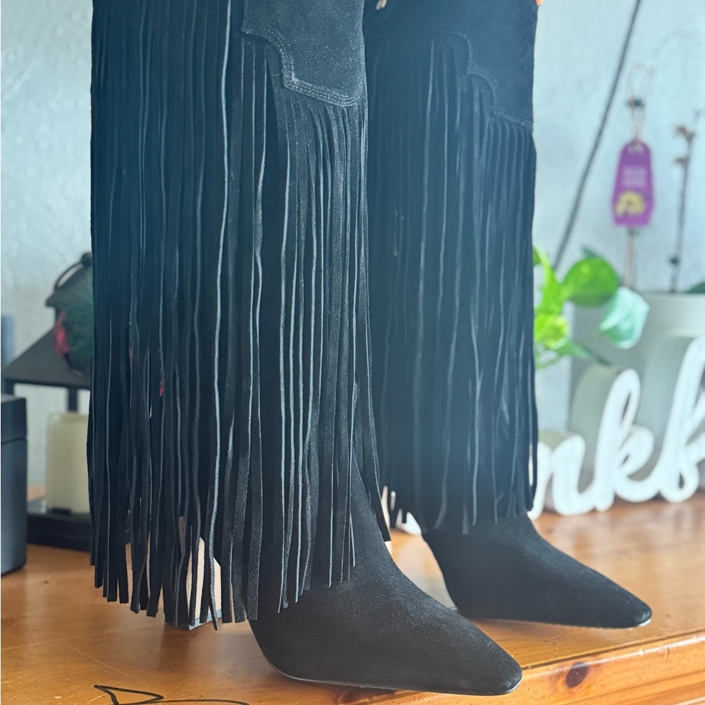 Vince Camuto Black Fringe Heeled Boots